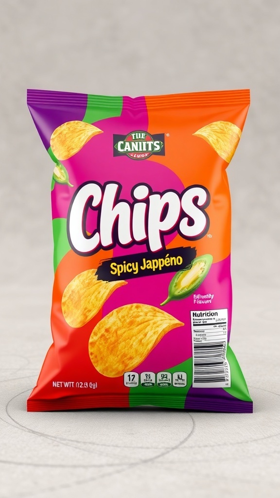 A colorful chips label design highlighting spicy jalapeño flavor with bold typography and appealing imagery.